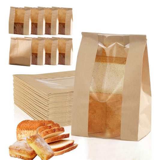 50Pcs Paper Bread Bags Wire Seal Kraft Paper Bakery Bags with Transparent Window