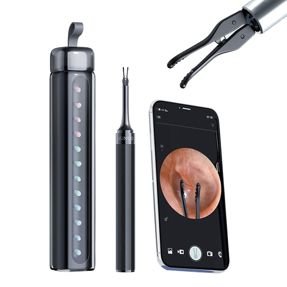 2-in-1 Visual Ear Wax Removal Tool Otoscope with Ear Scoops and Tweezer - Black