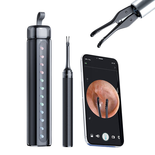 2-in-1 Visual Ear Wax Removal Tool Otoscope with Ear Scoops and Tweezer - Black