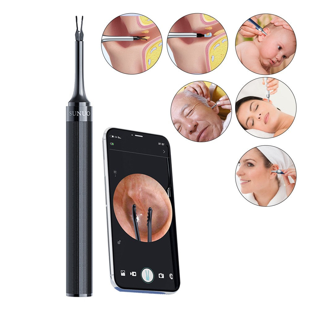 2-in-1 Visual Ear Wax Removal Tool Otoscope with Ear Scoops and Tweezer - Black