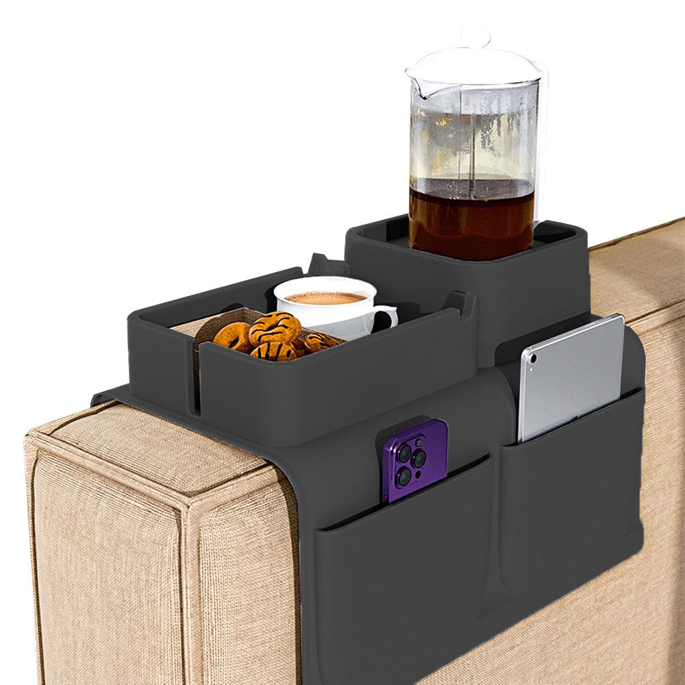 Couch Cup Holder Tray Silicone Sofa Armrest Tray with Side Pockets - Black