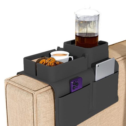 Couch Cup Holder Tray Silicone Sofa Armrest Tray with Side Pockets - Black