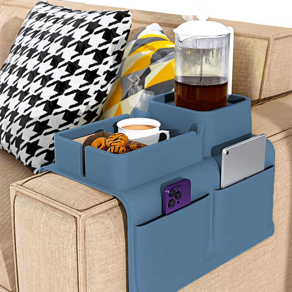Couch Cup Holder Tray Silicone Sofa Armrest Tray with Side Pockets - Blue