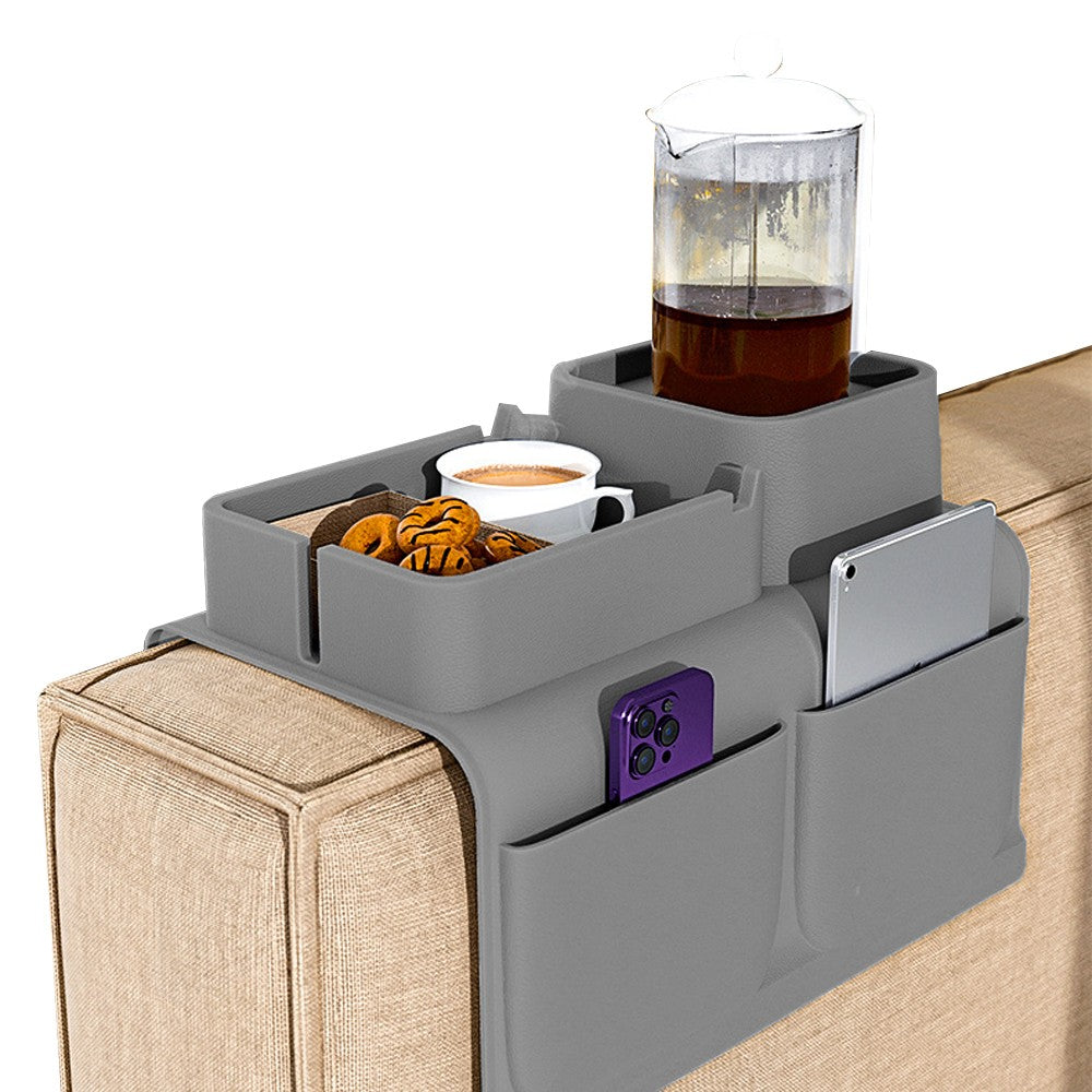 Couch Cup Holder Tray Silicone Sofa Armrest Tray with Side Pockets - Grey