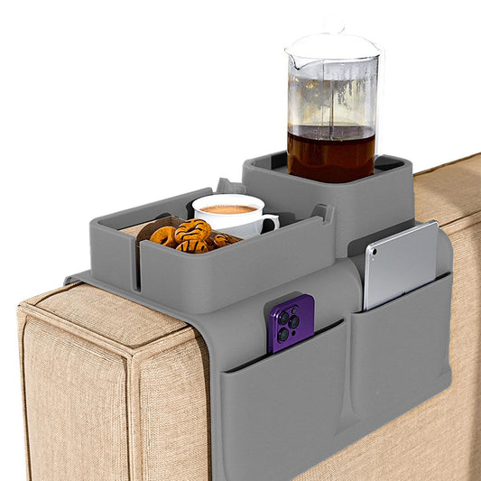Couch Cup Holder Tray Silicone Sofa Armrest Tray with Side Pockets - Grey