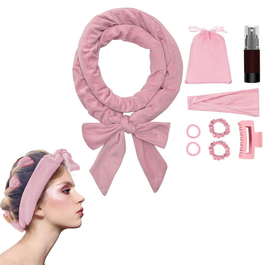 8Pcs Heatless Hair Curling Set Heatless Hair Curler Headband Hair Ties Pink