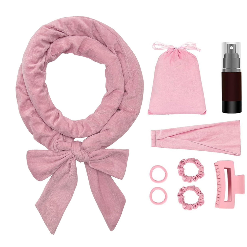 8Pcs Heatless Hair Curling Set Heatless Hair Curler Headband Hair Ties Pink