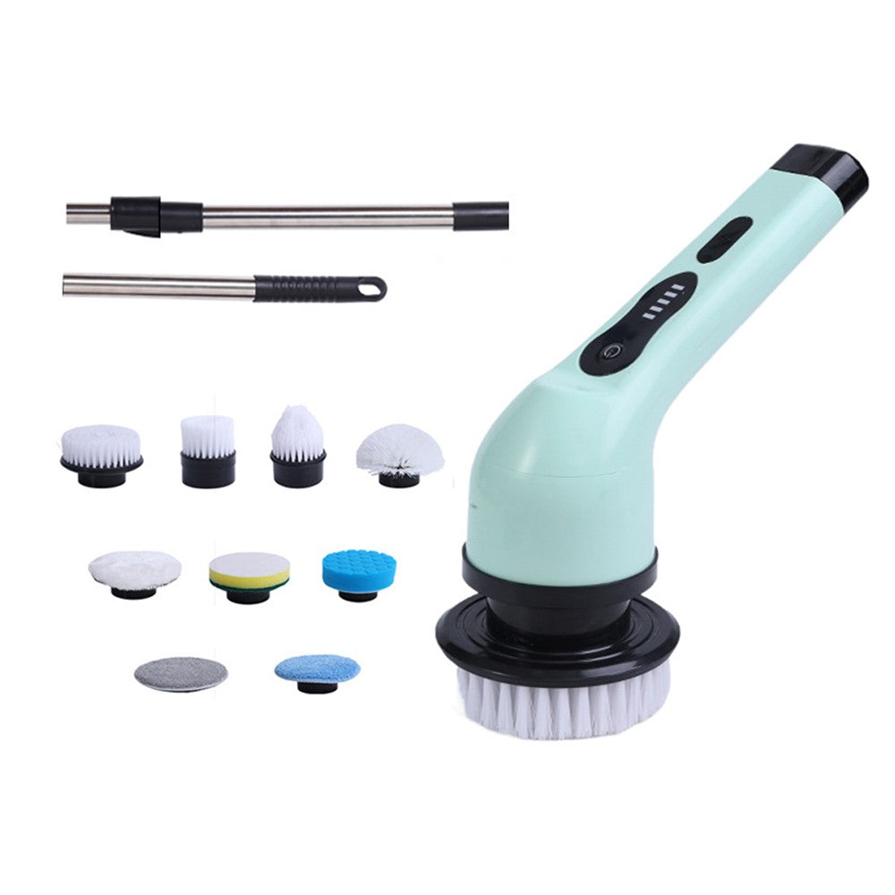 Electric Cleaning Brush with 9 Brush Heads and Extension Handle - Green