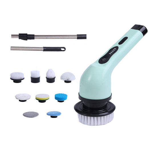 Electric Cleaning Brush with 9 Brush Heads and Extension Handle - Green