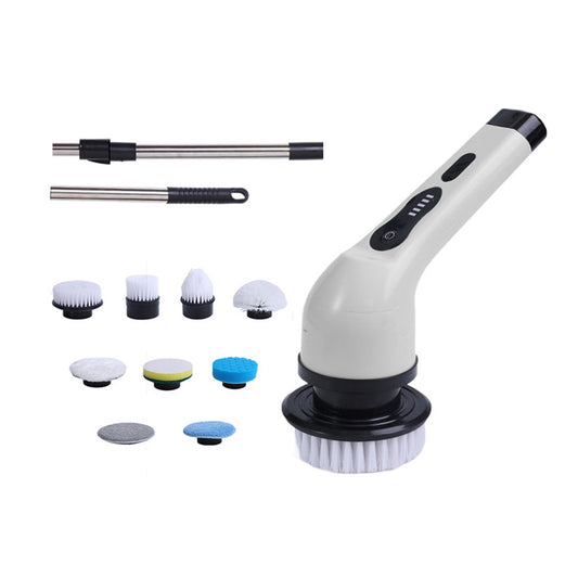 Electric Cleaning Brush with 9 Brush Heads and Extension Handle - White