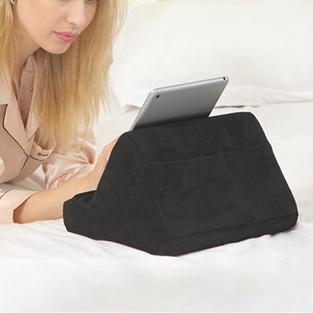 Multi-Angle Tablet Stand Pillow Pad Phone Holder Dock with 2 Pockets - Black