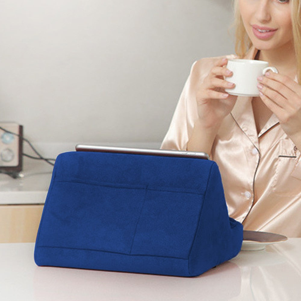 Multi-Angle Tablet Stand Pillow Pad Phone Holder Dock with 2 Pockets - Blue