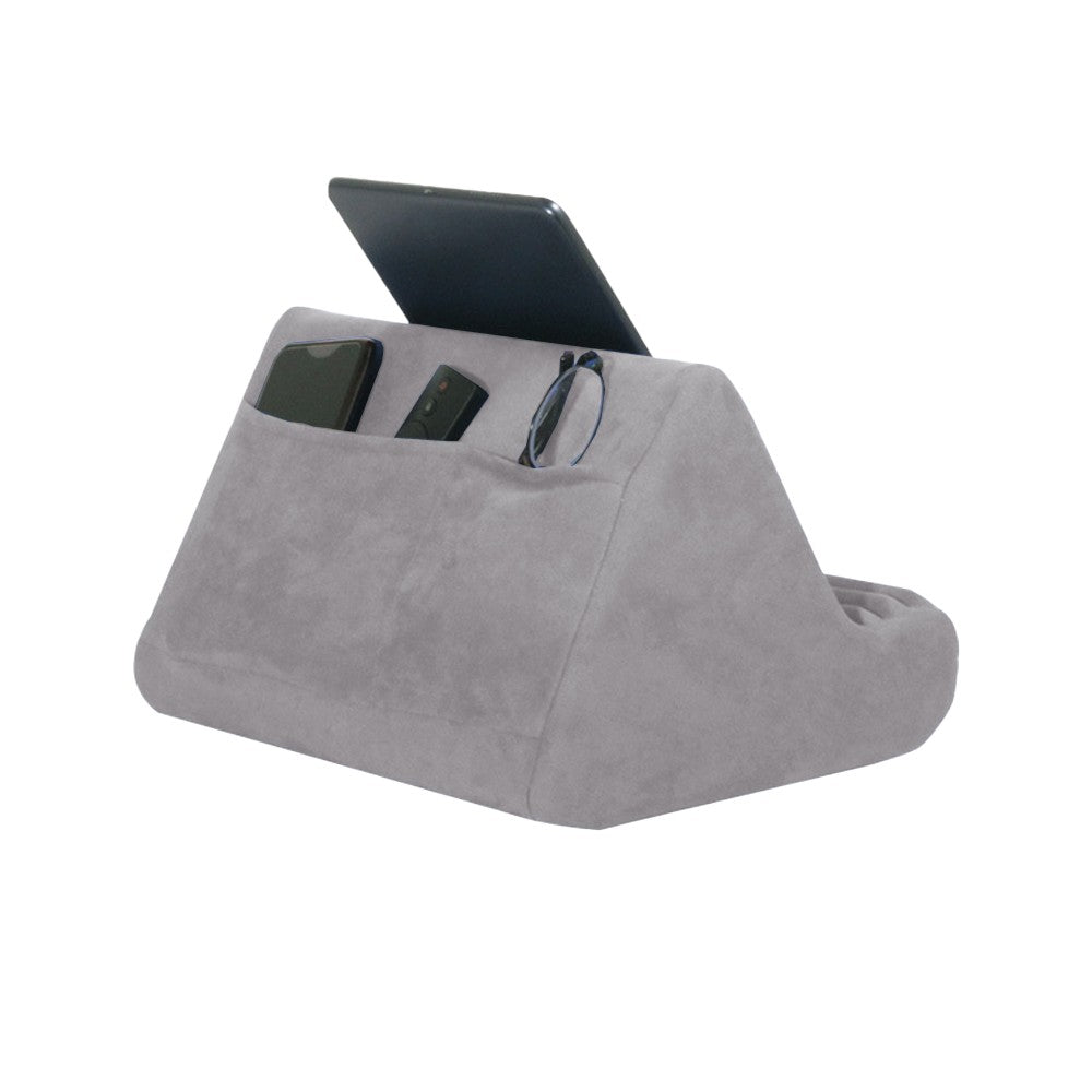 Multi-Angle Tablet Stand Pillow Pad Phone Holder Dock with 2 Pockets - Grey