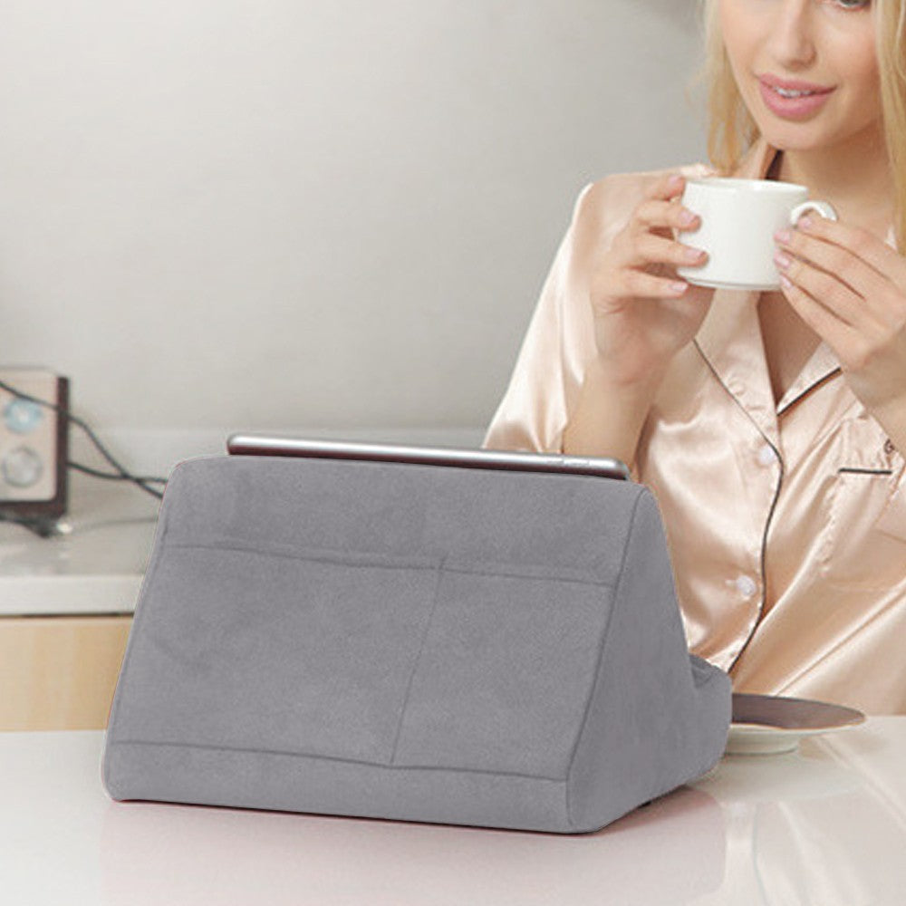 Multi-Angle Tablet Stand Pillow Pad Phone Holder Dock with 2 Pockets - Grey