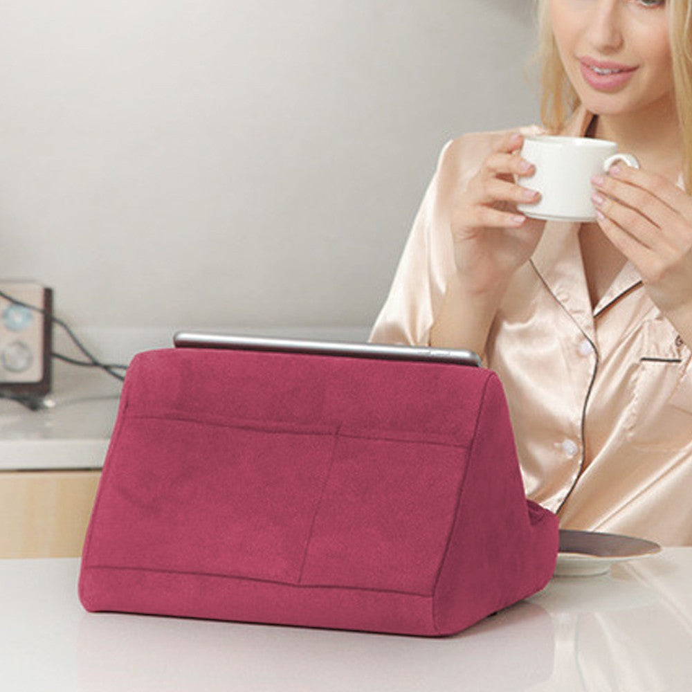Multi-Angle Tablet Stand Pillow Pad Phone Holder Dock with 2 Pockets - Rose Red