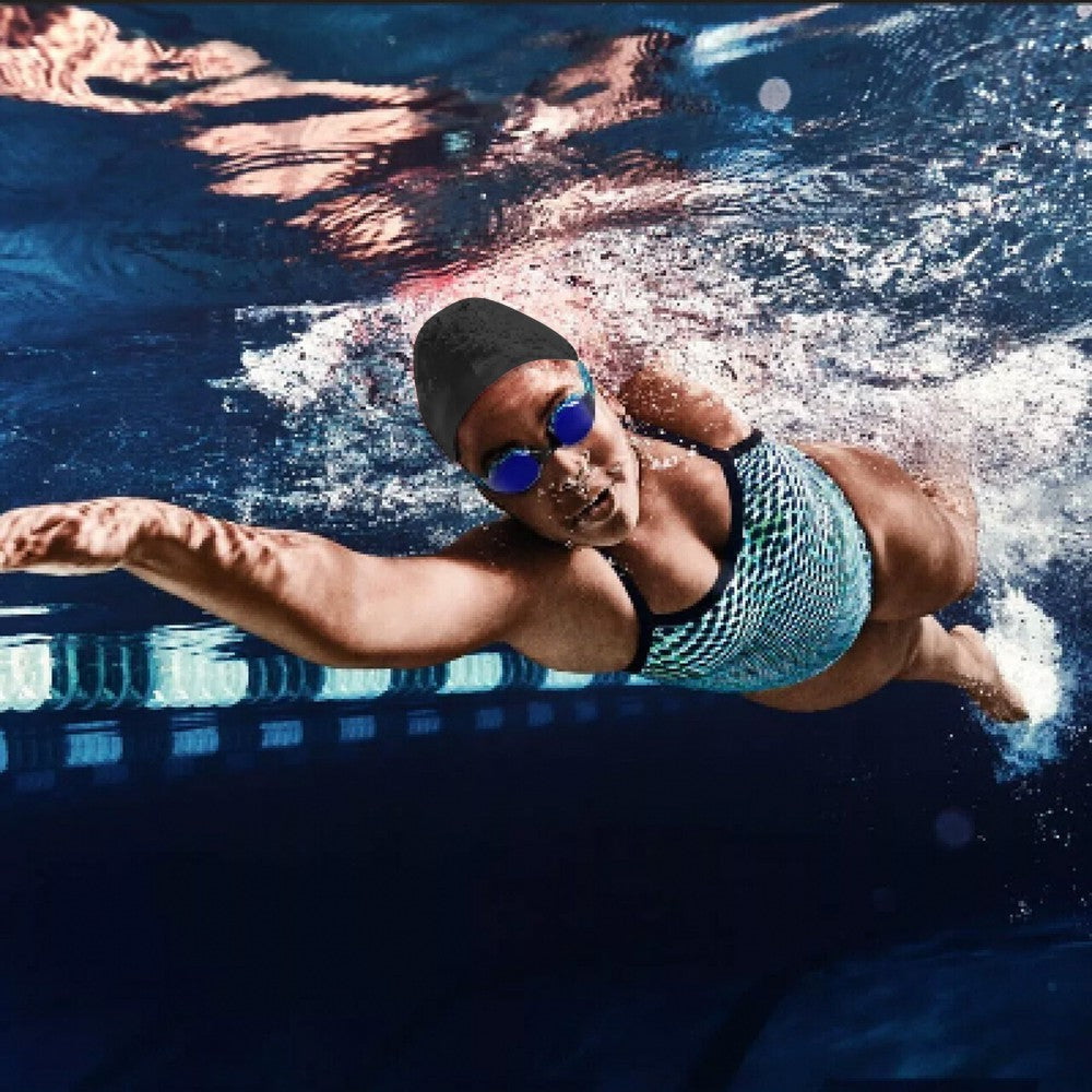 1Pc Adult Elastic Silicone Swimming Cap Pool Cap for Long Hair - Black S