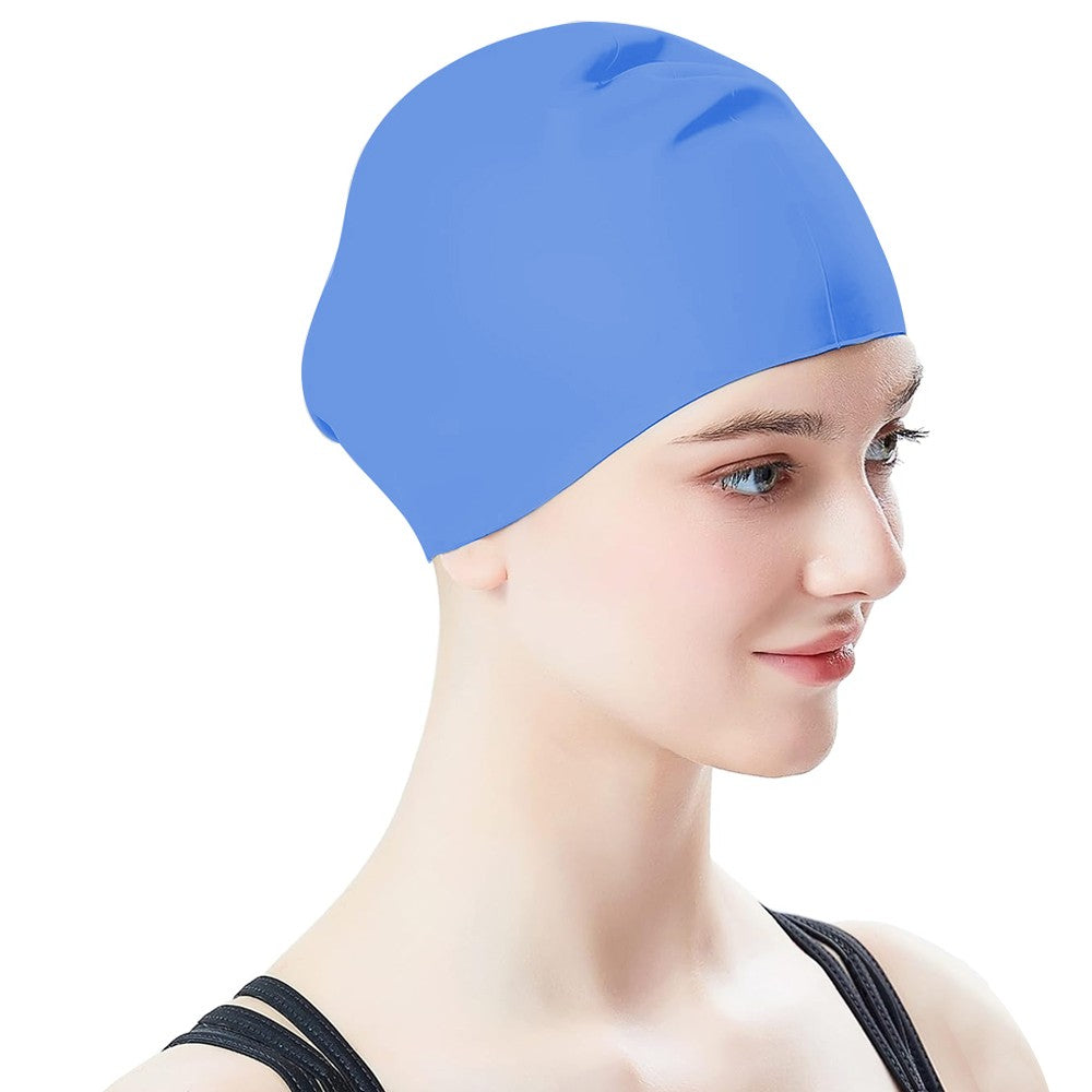 1Pc Adult Elastic Silicone Swimming Cap Pool Cap for Long Hair - Blue S