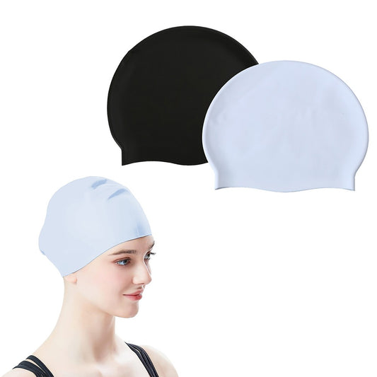 2Pcs Adult Elastic Silicone Swimming Cap Pool Cap for Long Hair - Black+White M