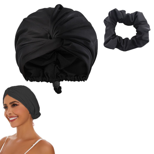 Adjustable Double Layer Satin Sleeping Cap Hair Wrap Bonnet Turban - Black