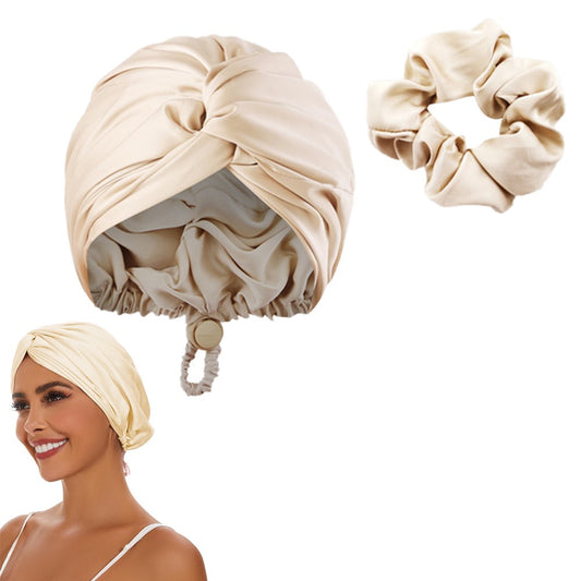 Adjustable Double Layer Satin Sleeping Cap Hair Wrap Bonnet Turban - Champagne