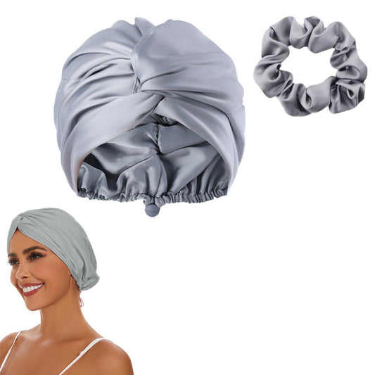 Adjustable Double Layer Satin Sleeping Cap Hair Wrap Bonnet Turban - Grey