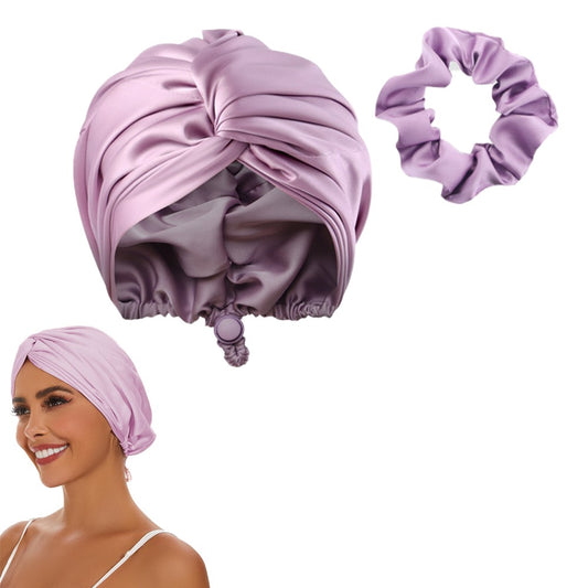 Adjustable Double Layer Satin Sleeping Cap Hair Wrap Bonnet Turban - Purple