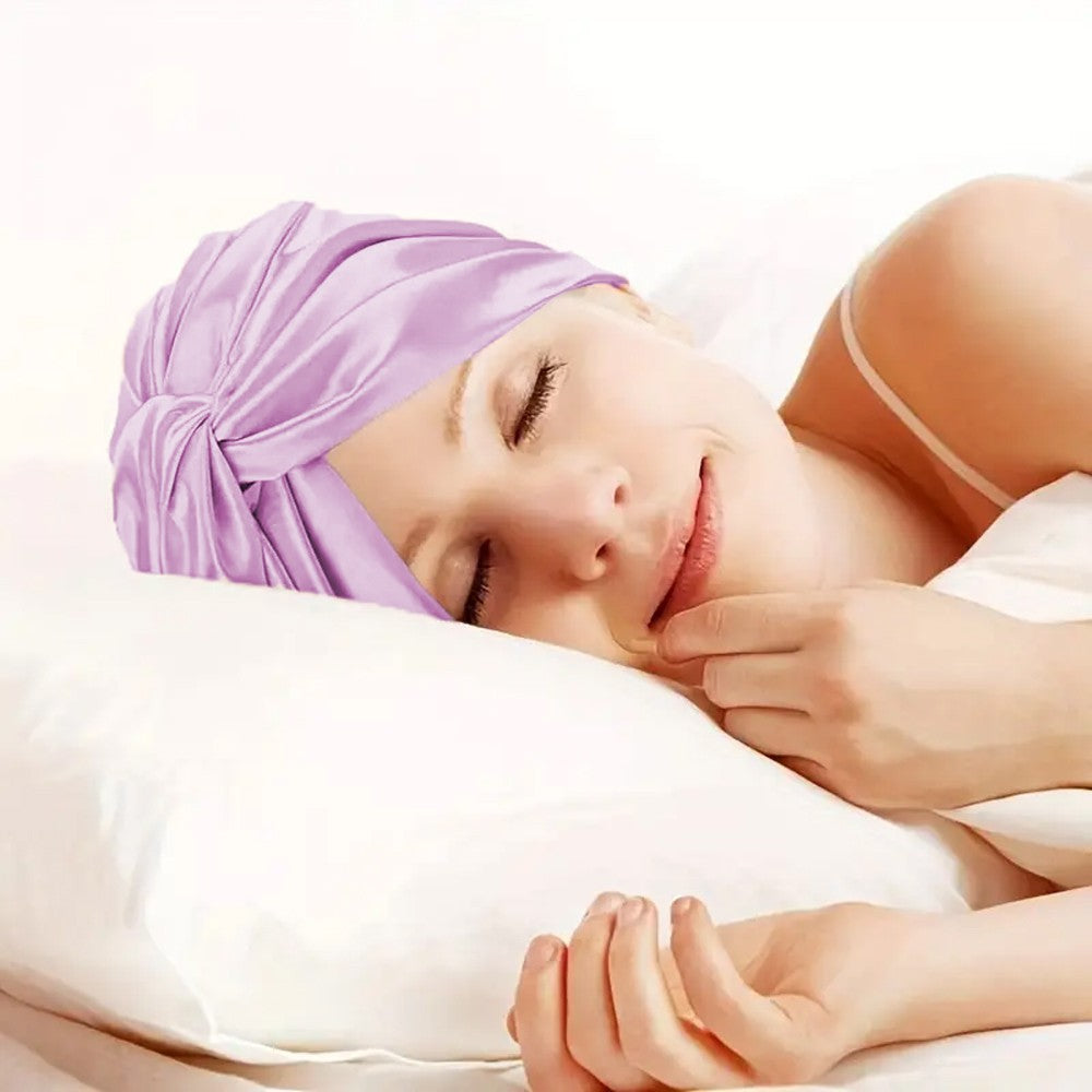 Adjustable Double Layer Satin Sleeping Cap Hair Wrap Bonnet Turban - Purple
