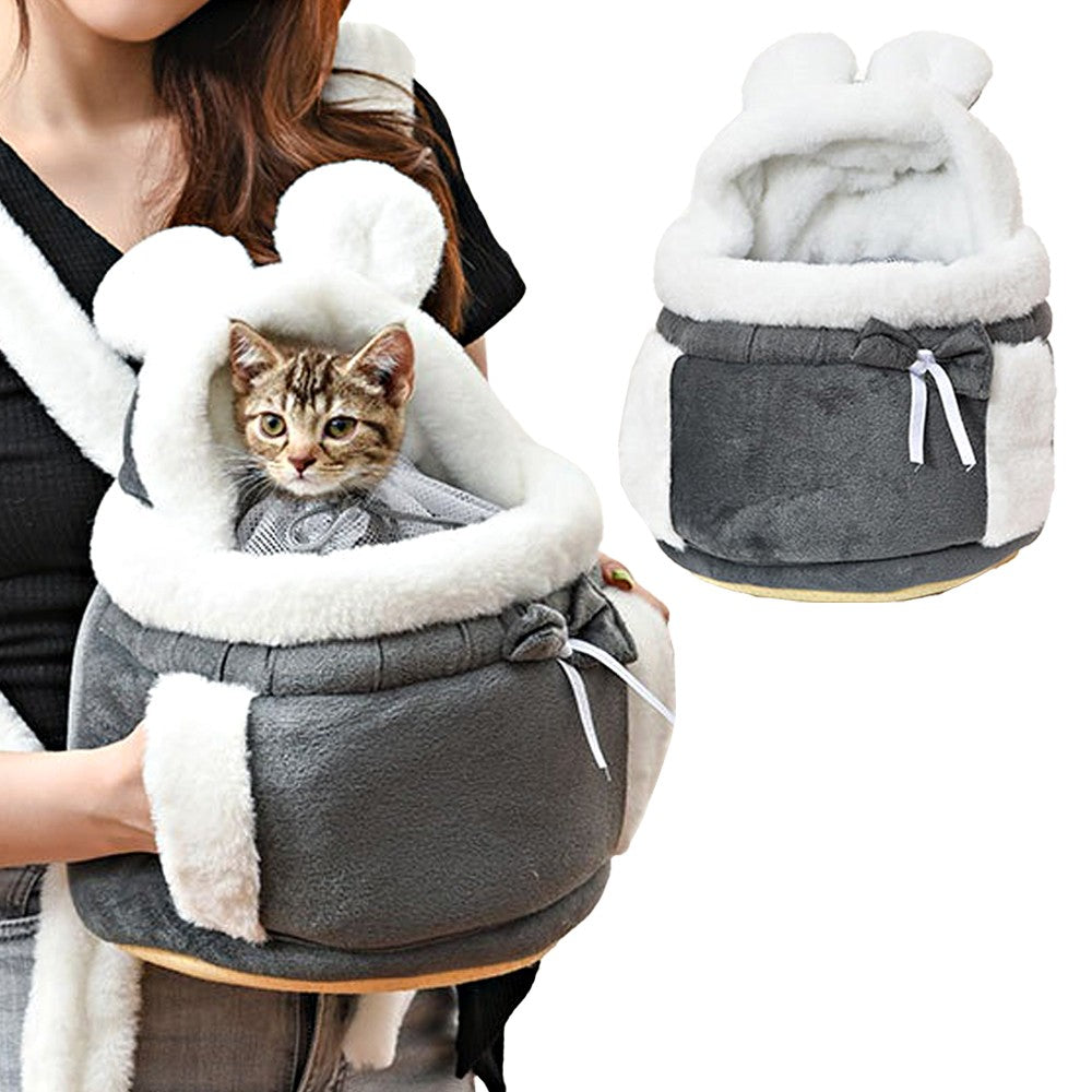 Plush Pet Carrier Backpack Pet Warm Bag with Hand Warmer Pocket - Grey - M