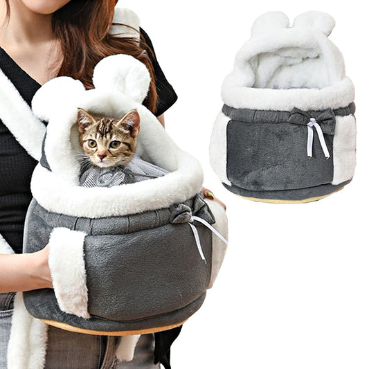 Plush Pet Carrier Backpack Pet Warm Bag with Hand Warmer Pocket - Grey - M