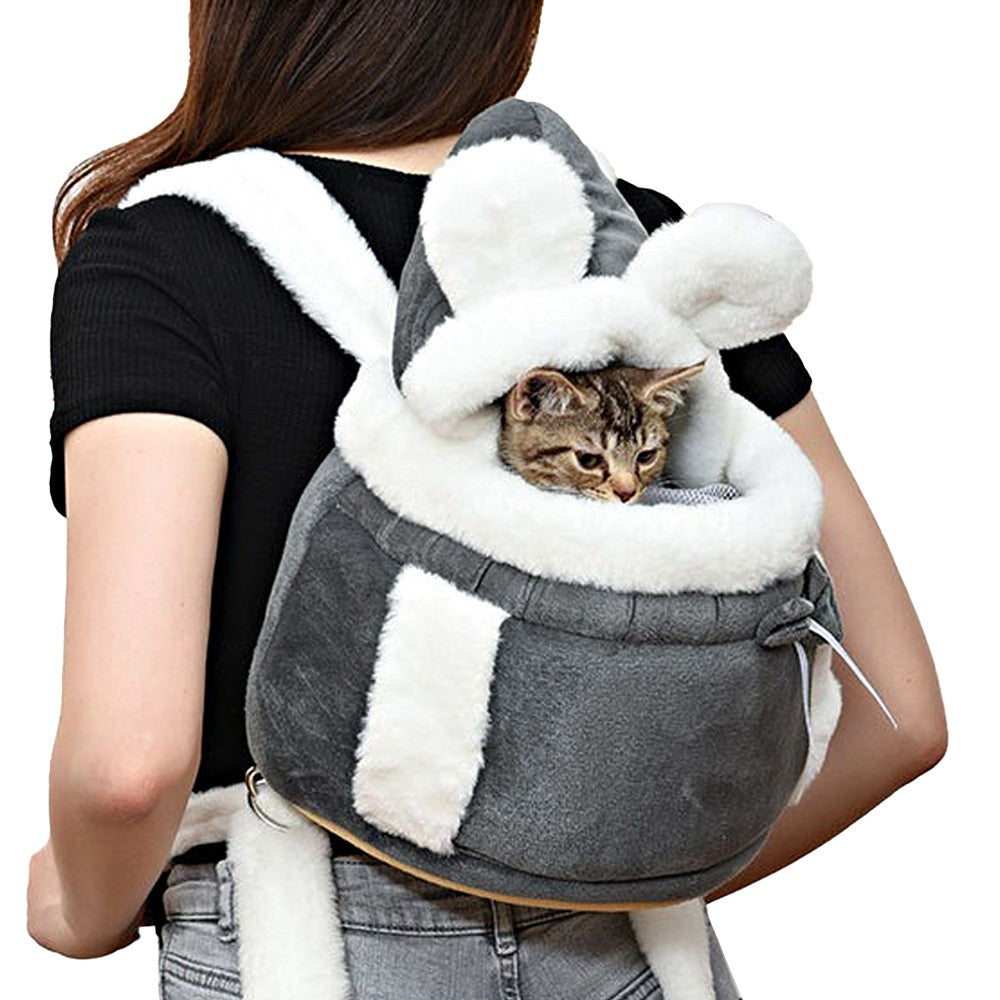 Plush Pet Carrier Backpack Pet Warm Bag with Hand Warmer Pocket - Grey - M
