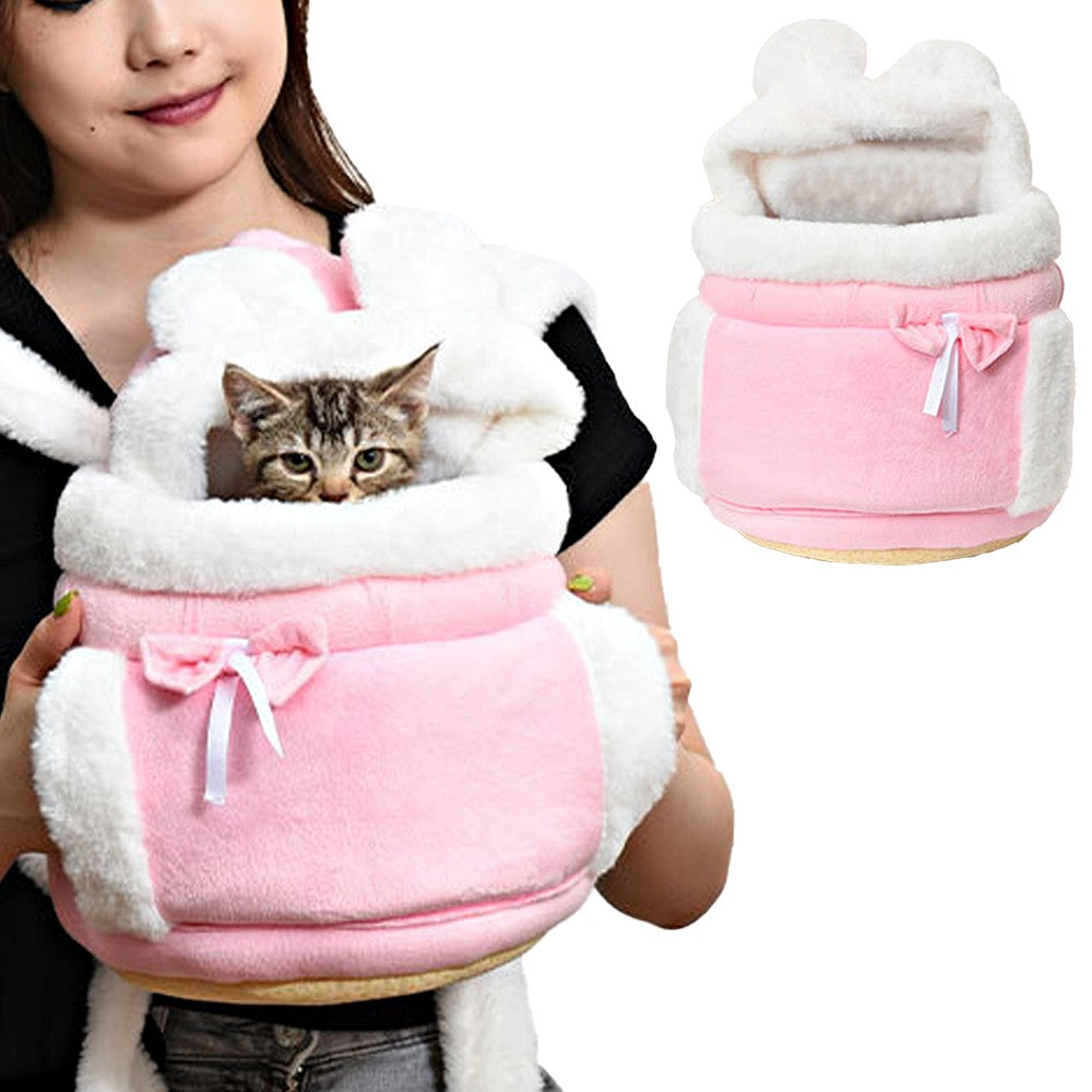 Plush Pet Carrier Backpack Pet Warm Bag with Hand Warmer Pocket - Pink - S