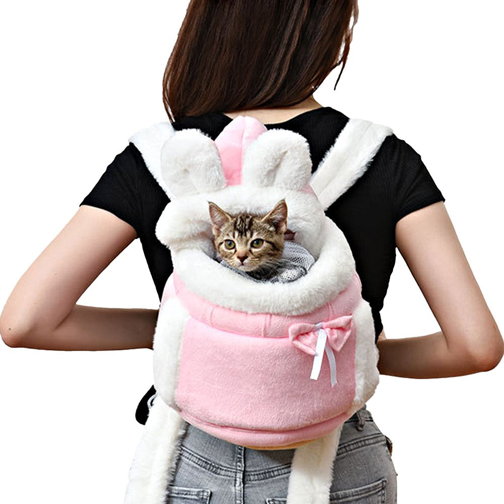 Plush Pet Carrier Backpack Pet Warm Bag with Hand Warmer Pocket - Pink - M