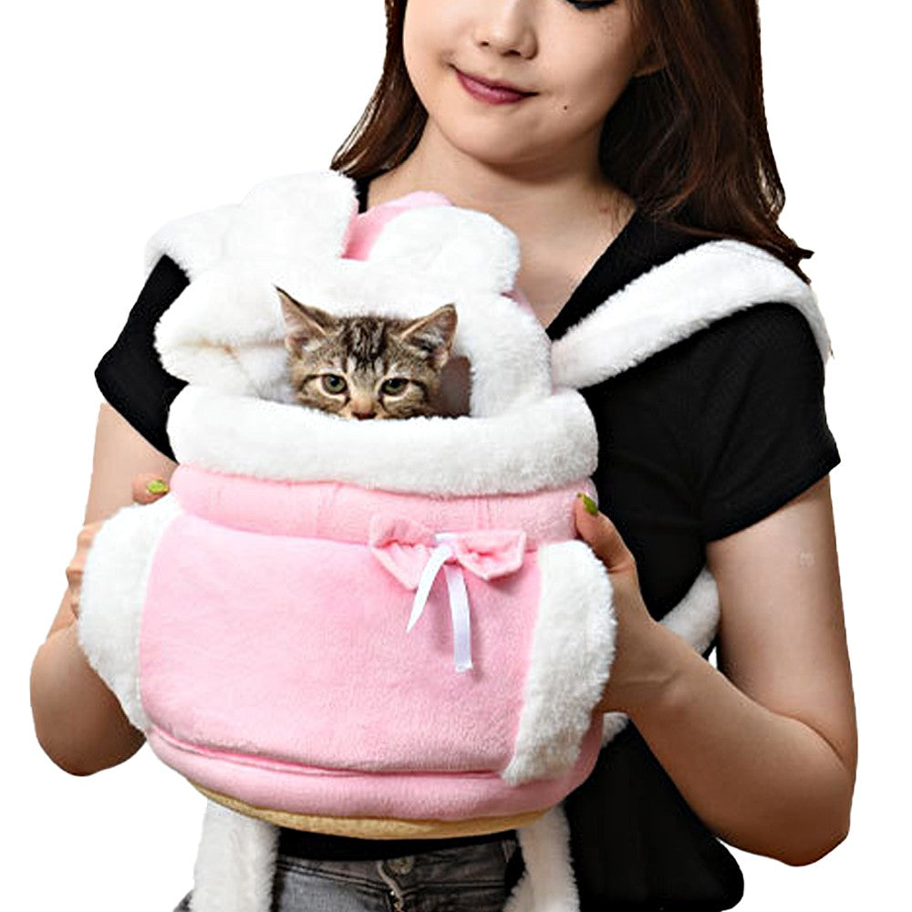 Plush Pet Carrier Backpack Pet Warm Bag with Hand Warmer Pocket - Pink - M