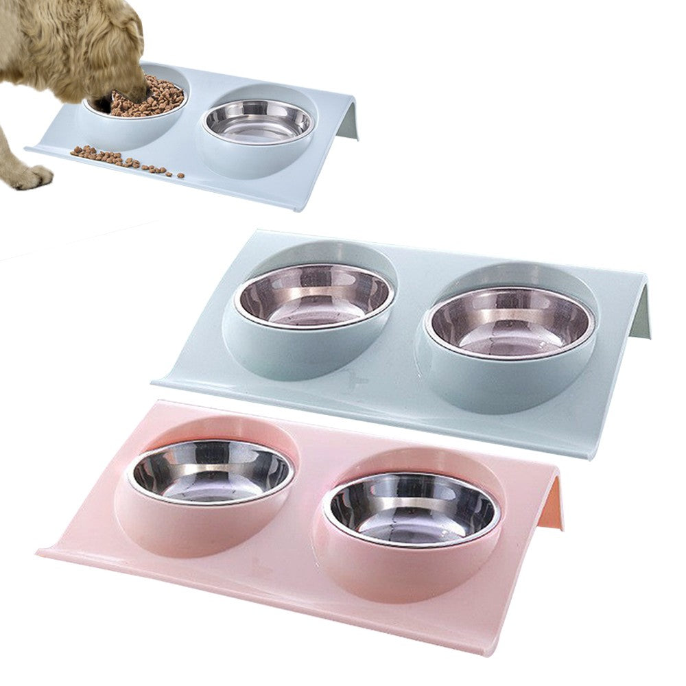 2 Sets of Elevated Pet Feeding Bowls Double-bowls Dog Cat Feeder - Pink+Blue