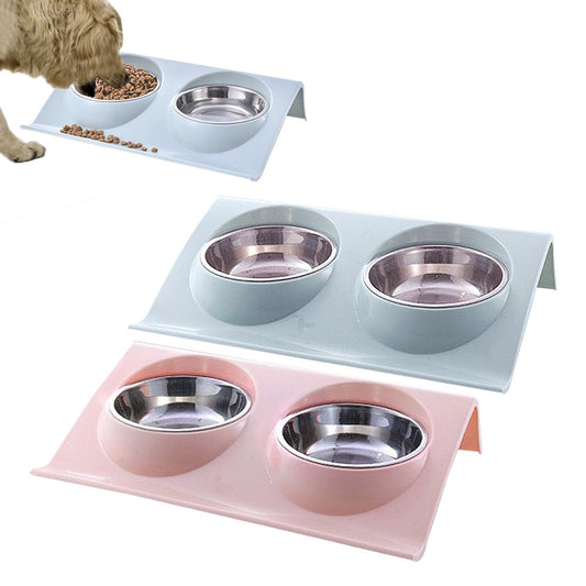 2 Sets of Elevated Pet Feeding Bowls Double-bowls Dog Cat Feeder - Pink+Blue