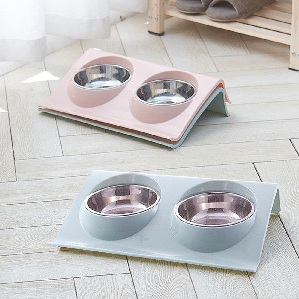 2 Sets of Elevated Pet Feeding Bowls Double-bowls Dog Cat Feeder - Pink+Blue