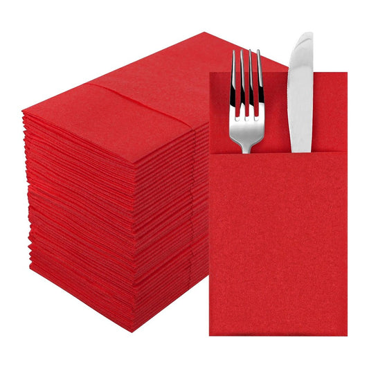50 Pieces Prefolded Disposable Paper Napkins with Flatware Pocket - Red