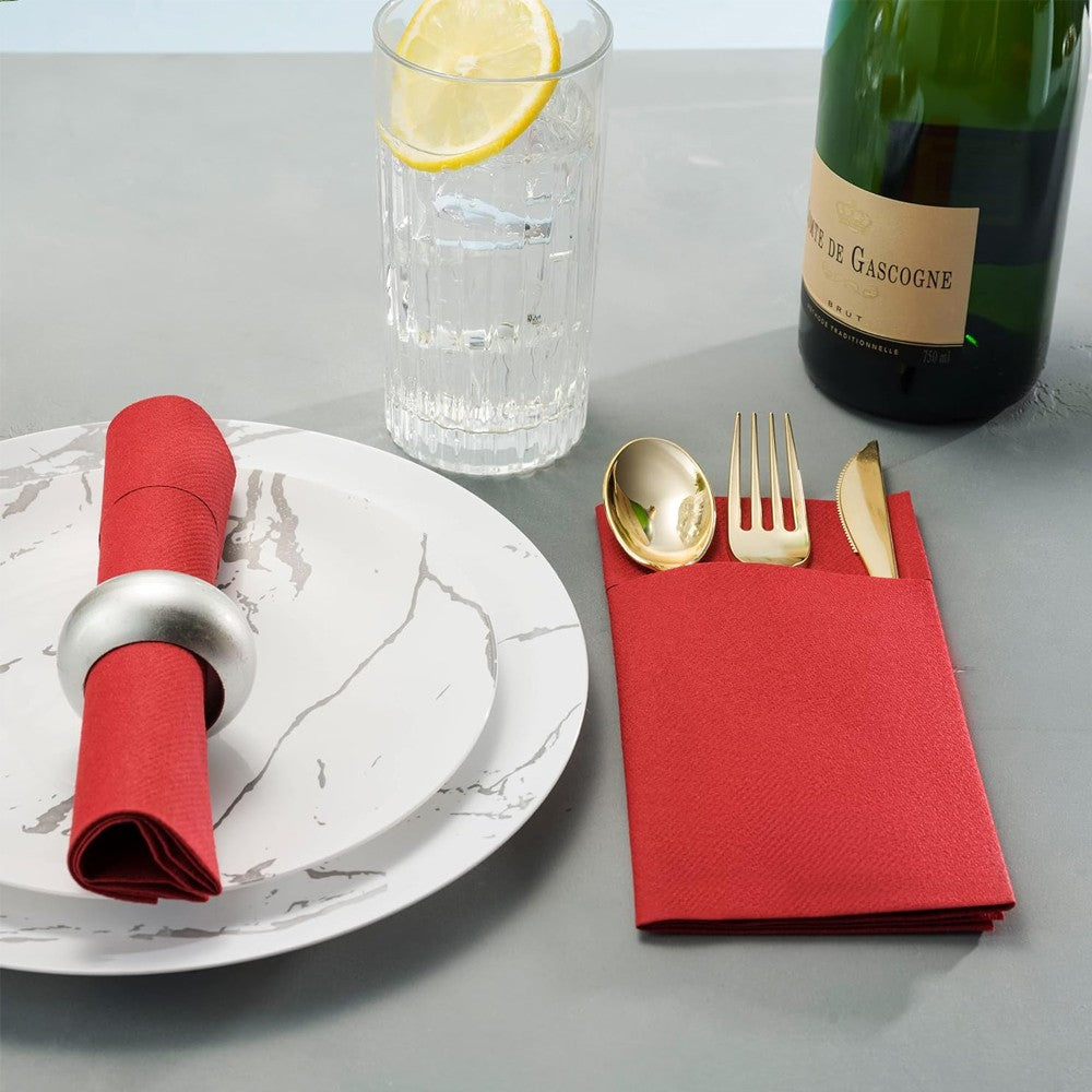 50 Pieces Prefolded Disposable Paper Napkins with Flatware Pocket - Red