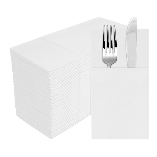 50 Pieces Prefolded Disposable Paper Napkins with Flatware Pocket - White