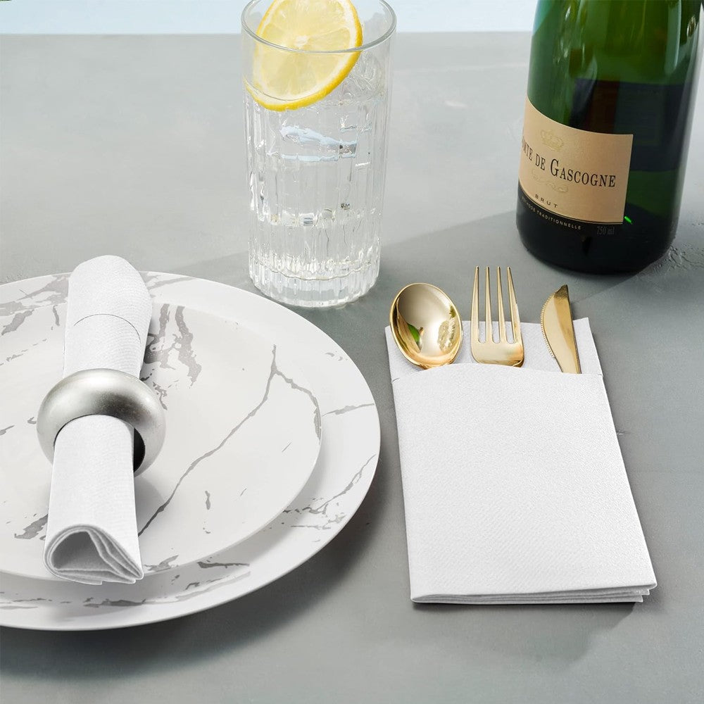 50 Pieces Prefolded Disposable Paper Napkins with Flatware Pocket - White