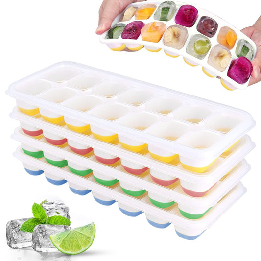 4Pcs Stackable Silicone Ice Cube Tray with Lid Easy-Release Ice Cube Mold Tray