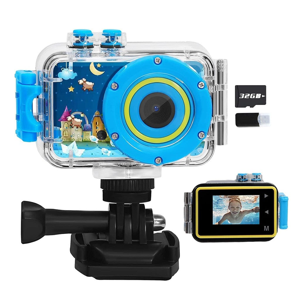 1080P HD Kids Sports Camera with Waterproof Case and 32GB Memory Card - Blue