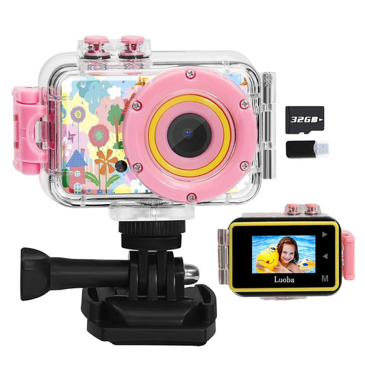 1080P HD Kids Sports Camera with Waterproof Case and 32GB Memory Card - Pink