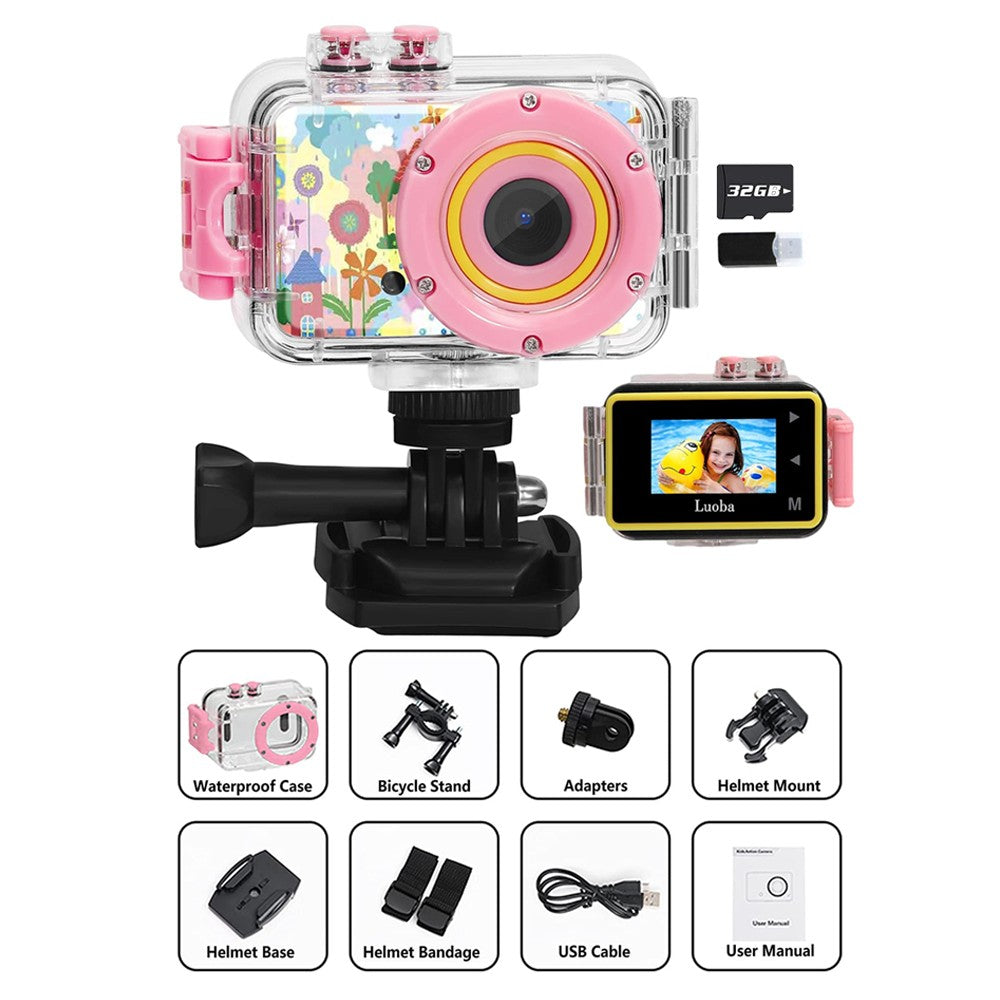 1080P HD Kids Sports Camera with Waterproof Case and 32GB Memory Card - Pink