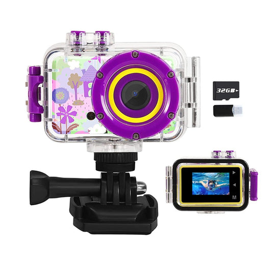 1080P HD Kids Sports Camera with Waterproof Case and 32GB Memory Card - Purple