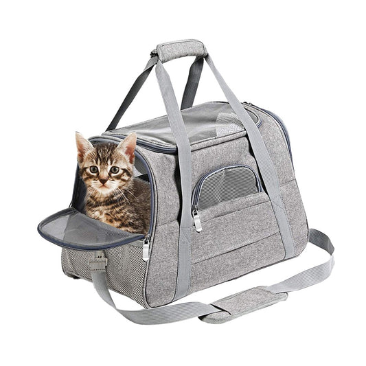Pet Carrier Bag with Plush Mat Cat Dog Soft Crate Cage Shoulder Soft Carry Bag Grey