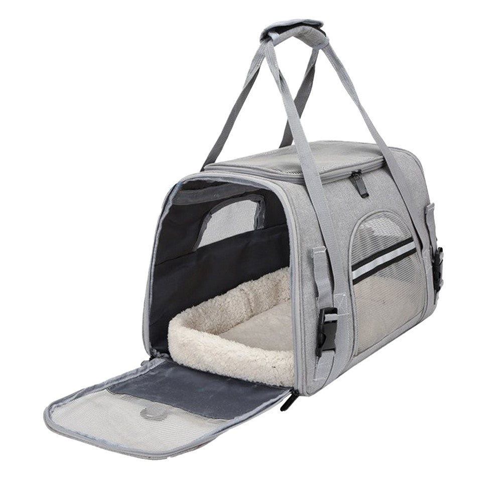 Pet Carrier Bag with Plush Mat Cat Dog Soft Crate Cage Shoulder Soft Carry Bag Grey