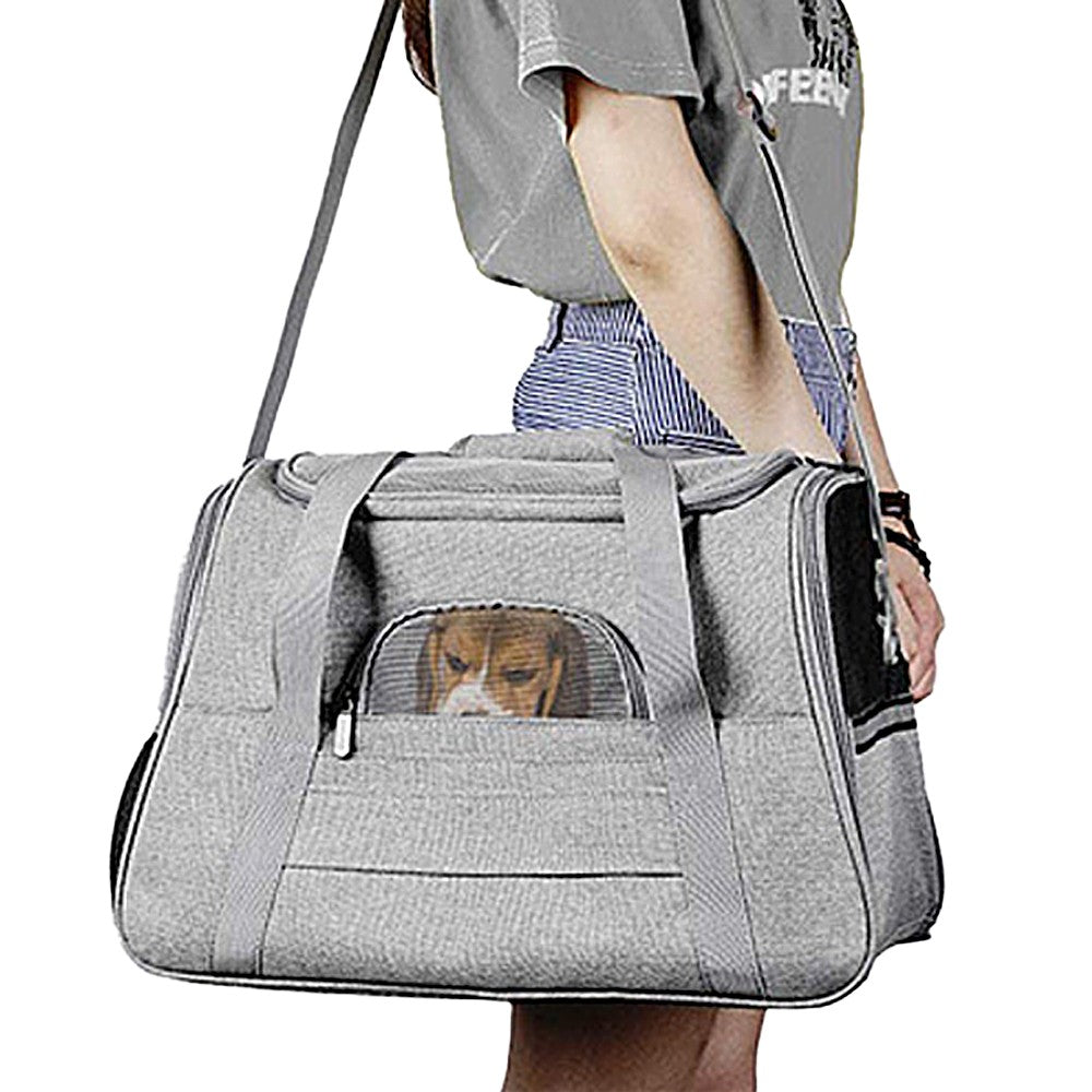 Pet Carrier Bag with Plush Mat Cat Dog Soft Crate Cage Shoulder Soft Carry Bag Grey