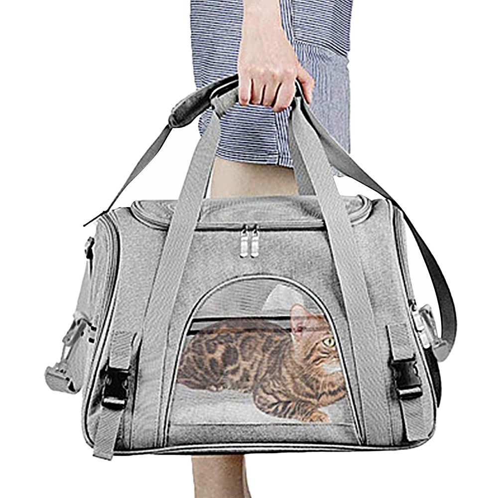Pet Carrier Bag with Plush Mat Cat Dog Soft Crate Cage Shoulder Soft Carry Bag Grey