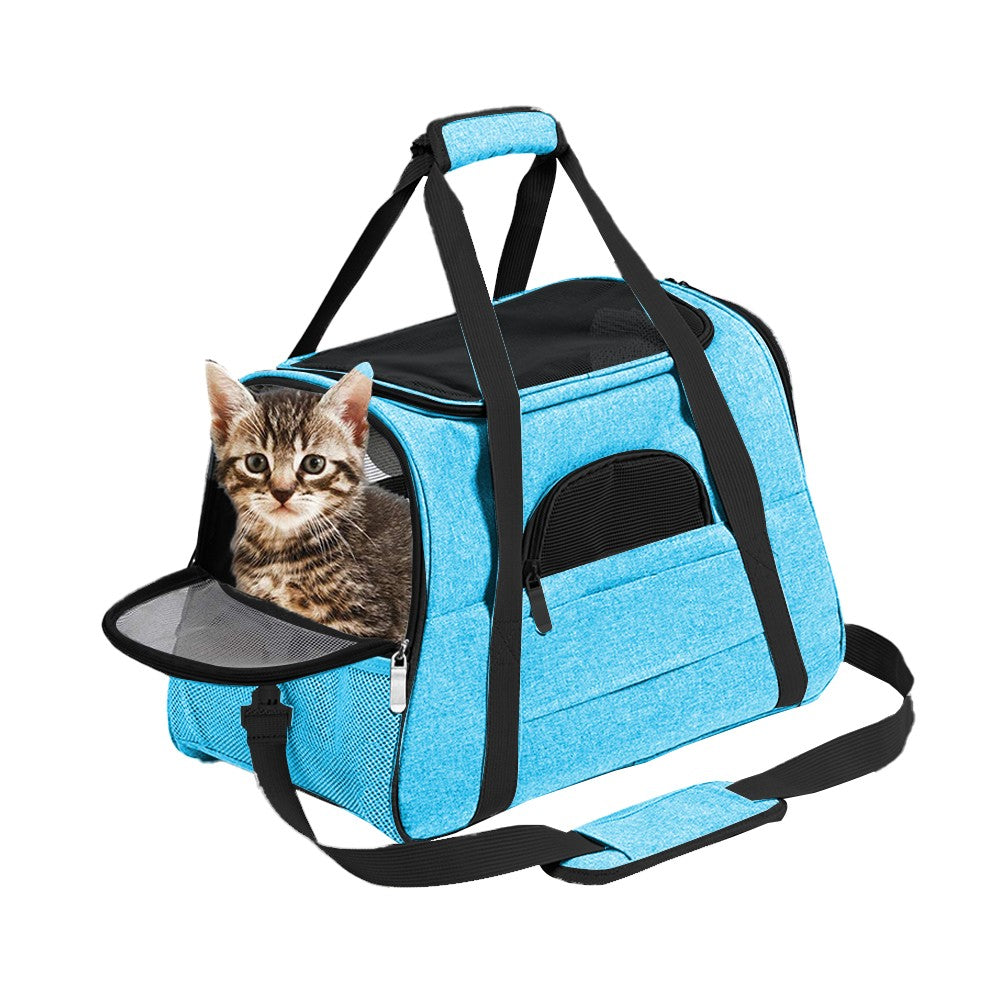 Pet Carrier Bag with Plush Mat Cat Dog Soft Crate Cage Shoulder Soft Carry Bag Blue